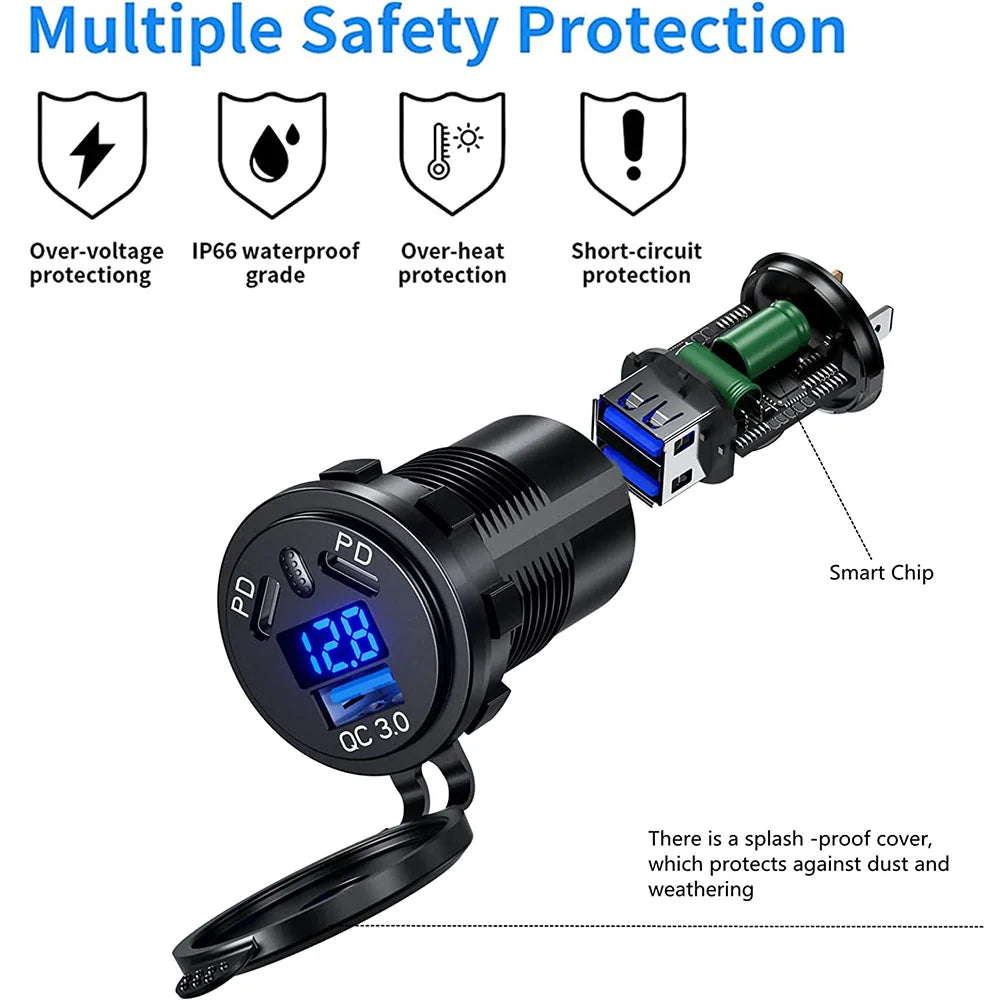 12V/24V 108W 3-Port USB Car Charger Socket