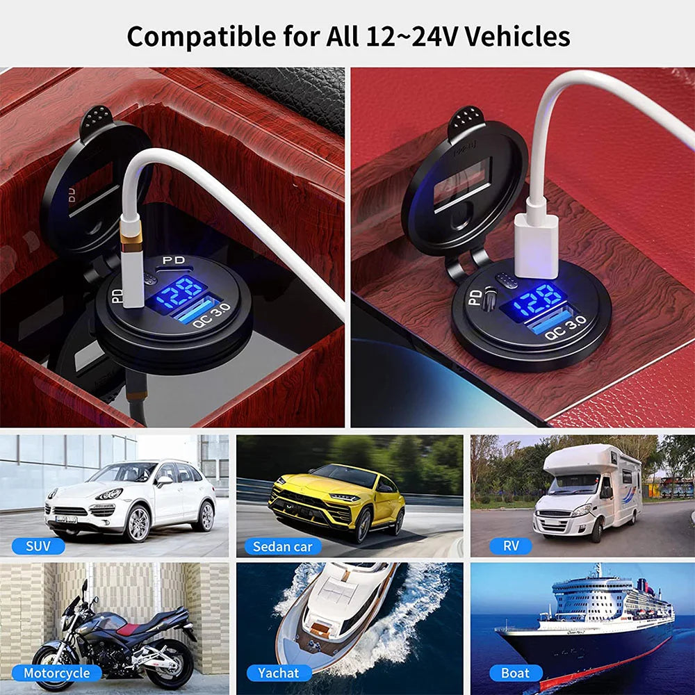 12V/24V 108W 3-Port USB Car Charger Socket