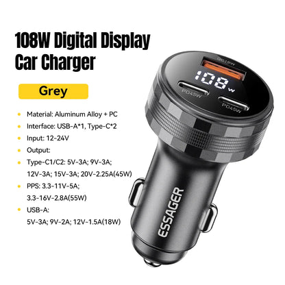 108W 3-Port USB Car Charger with Digital Display