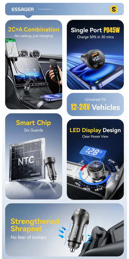 108W 3-Port USB Car Charger with Digital Display