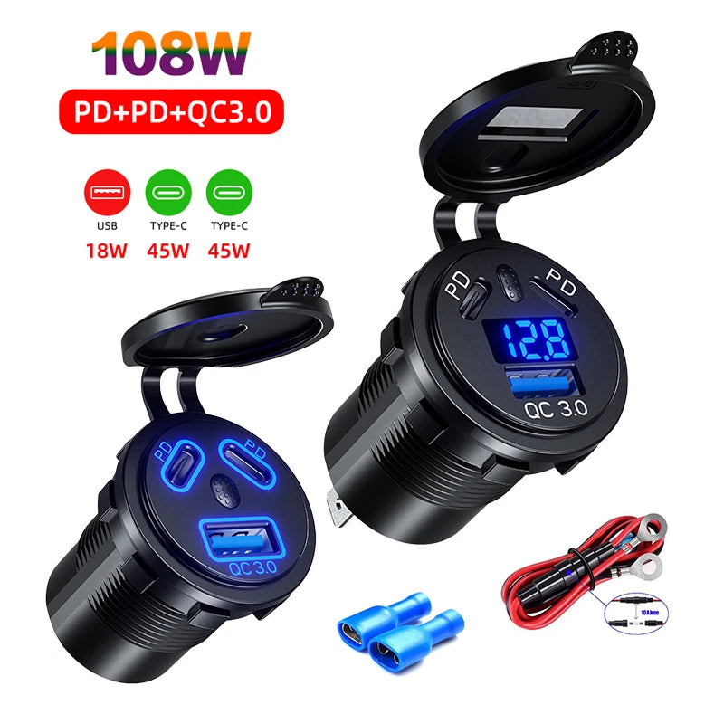 12V/24V 108W 3-Port USB Car Charger Socket
