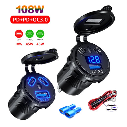 12V/24V 108W 3-Port USB Car Charger Socket