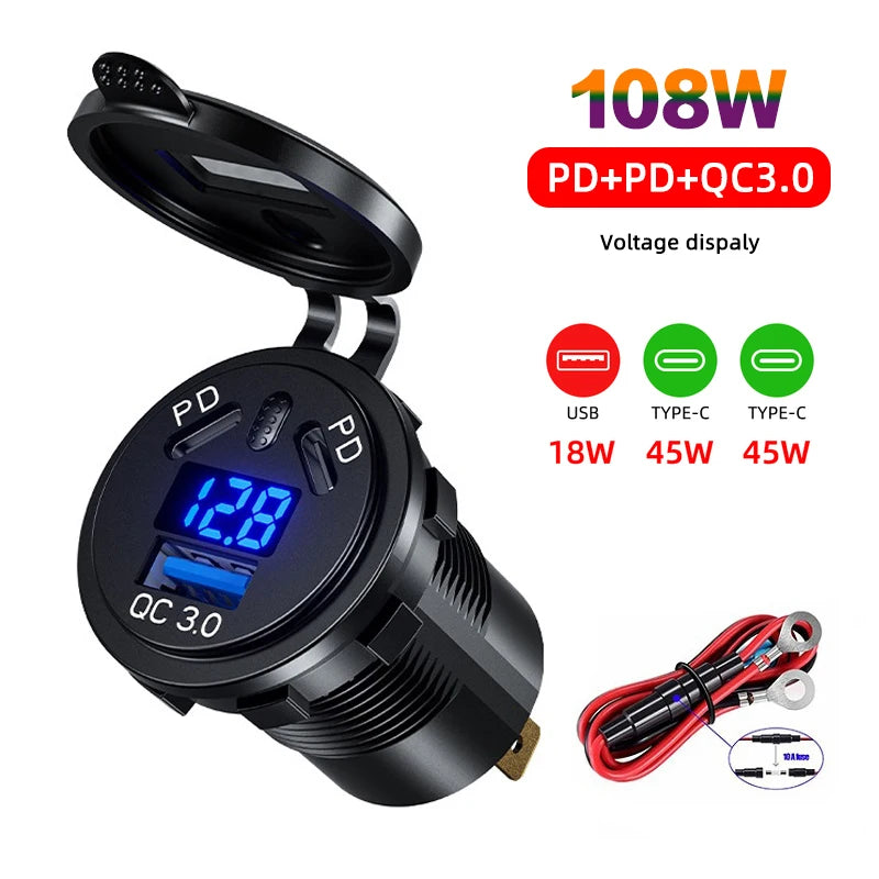12V/24V 108W 3-Port USB Car Charger Socket