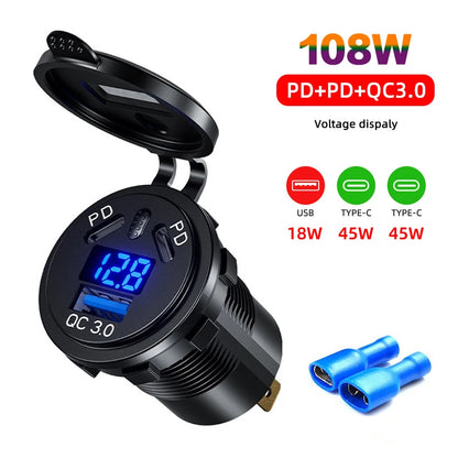 12V/24V 108W 3-Port USB Car Charger Socket