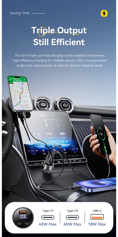 108W 3-Port USB Car Charger with Digital Display